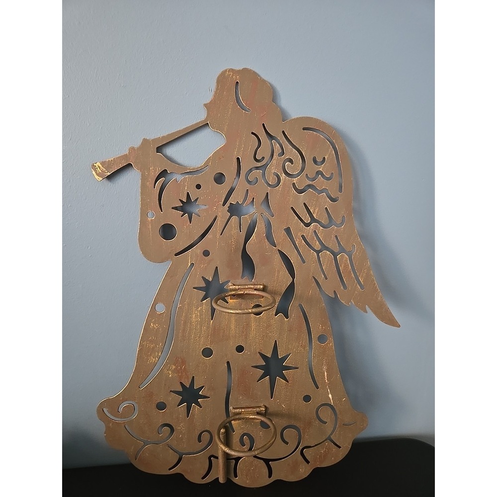 Brutalist Rustic Metal Tin Angel Votive Candle Holder Figurine Punched Stars